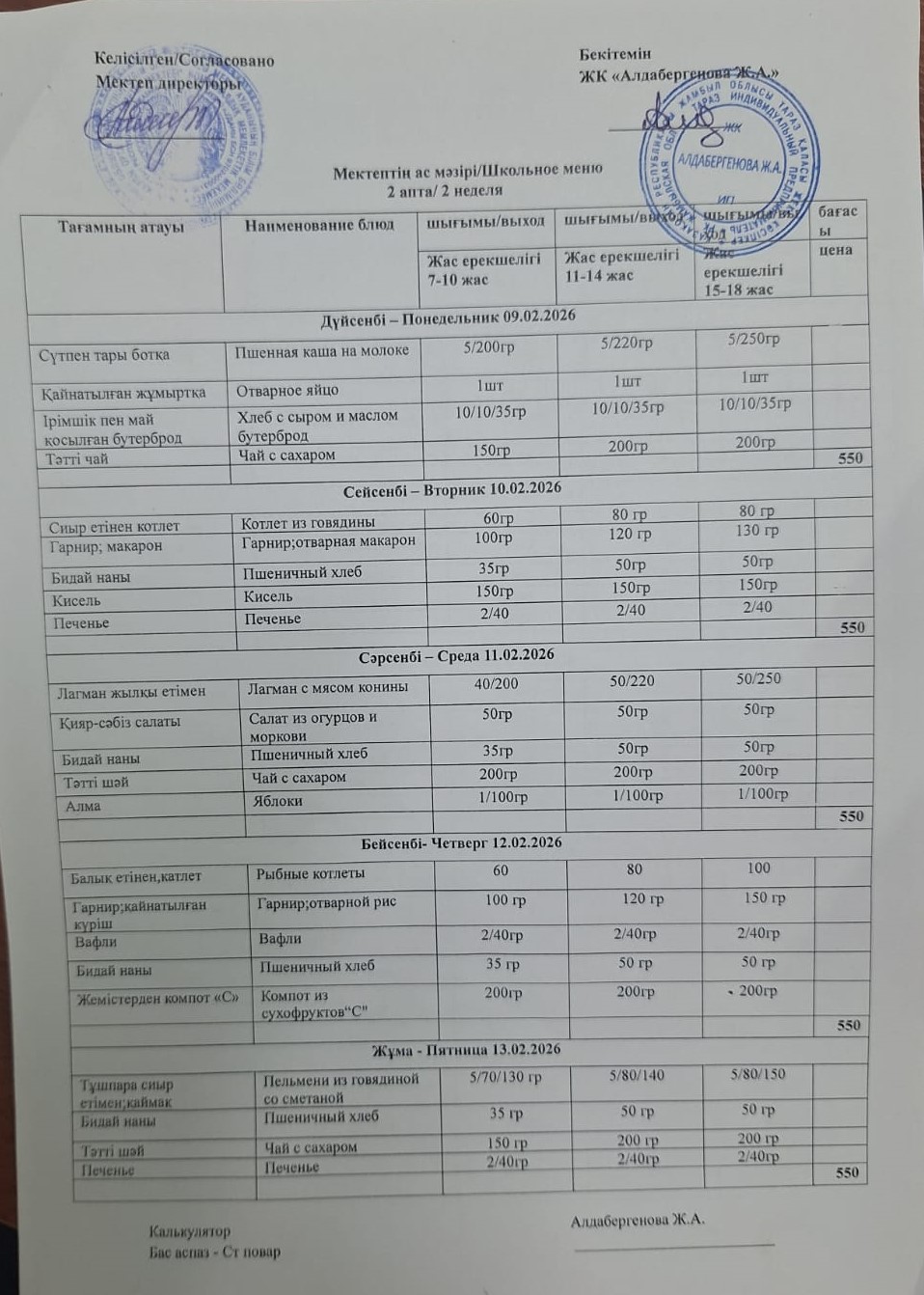Апталық ас мәзірі